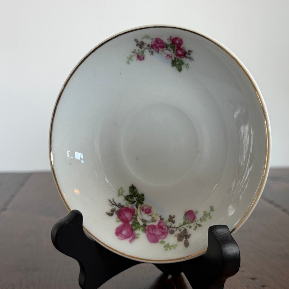 Vintage Gold Rim Saucer 6.25” 
White China with Pink Flowers